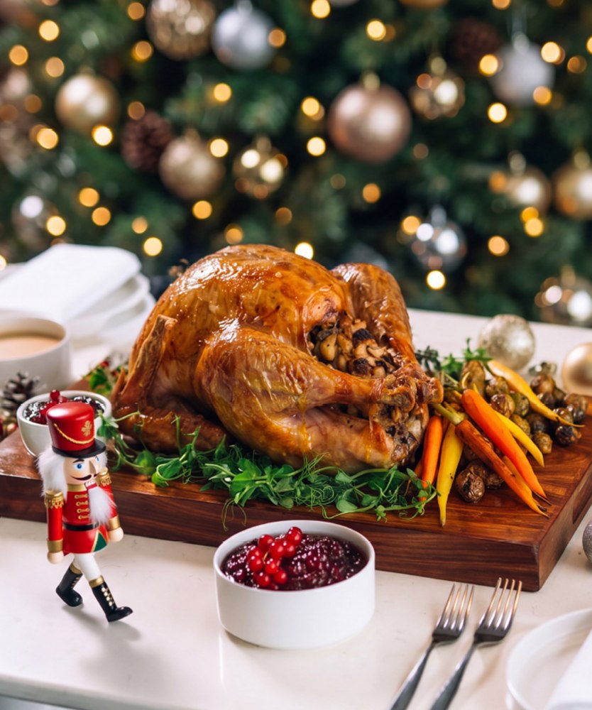 Roast turkey with festive trimmings and cranberry sauce